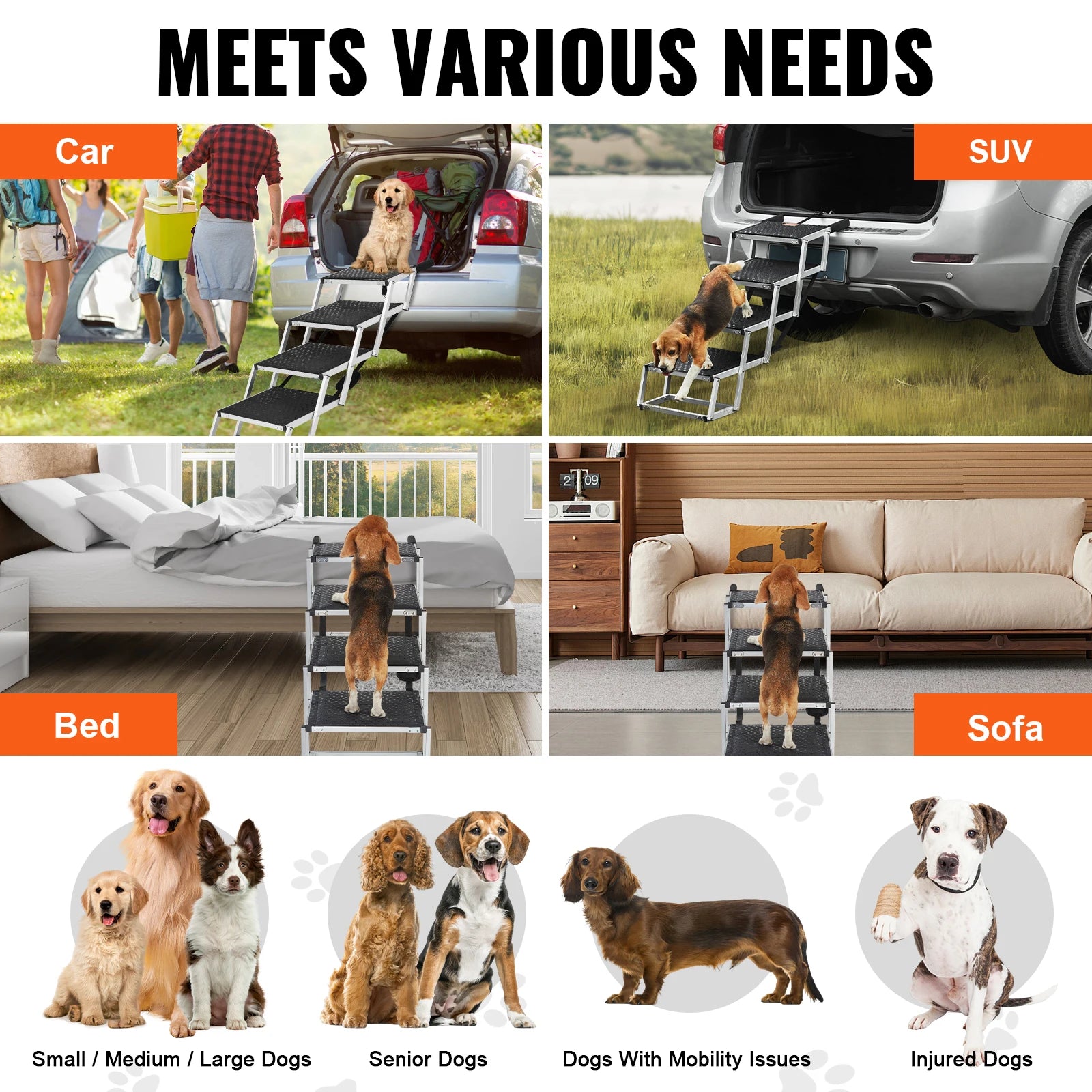 VEVOR Dog Stair for Cars Wide 4-Step Dog Car Steps Folding Portable Pet Steps Lightweight Aluminum for Car SUV and Truck 150 Lbs