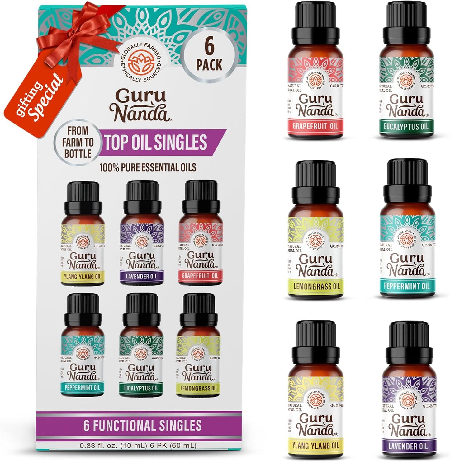 Essential Oils Set for Diffusers, 100% Pure, Aromatherapy, Massage, Candle & Soap Making Lavender, Peppermint, Eucalyptus, Grapefruit, Lemongrass, Ylang Ylang 0.33 Fl Oz (Pack of 6)