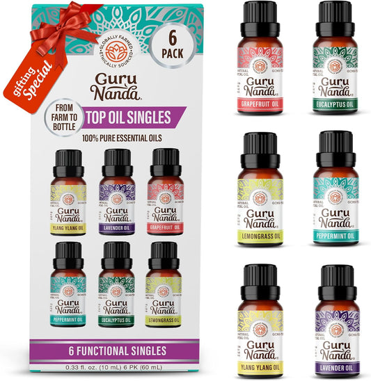 Essential Oils Set for Diffusers, 100% Pure, Aromatherapy, Massage, Candle & Soap Making Lavender, Peppermint, Eucalyptus, Grapefruit, Lemongrass, Ylang Ylang 0.33 Fl Oz (Pack of 6)